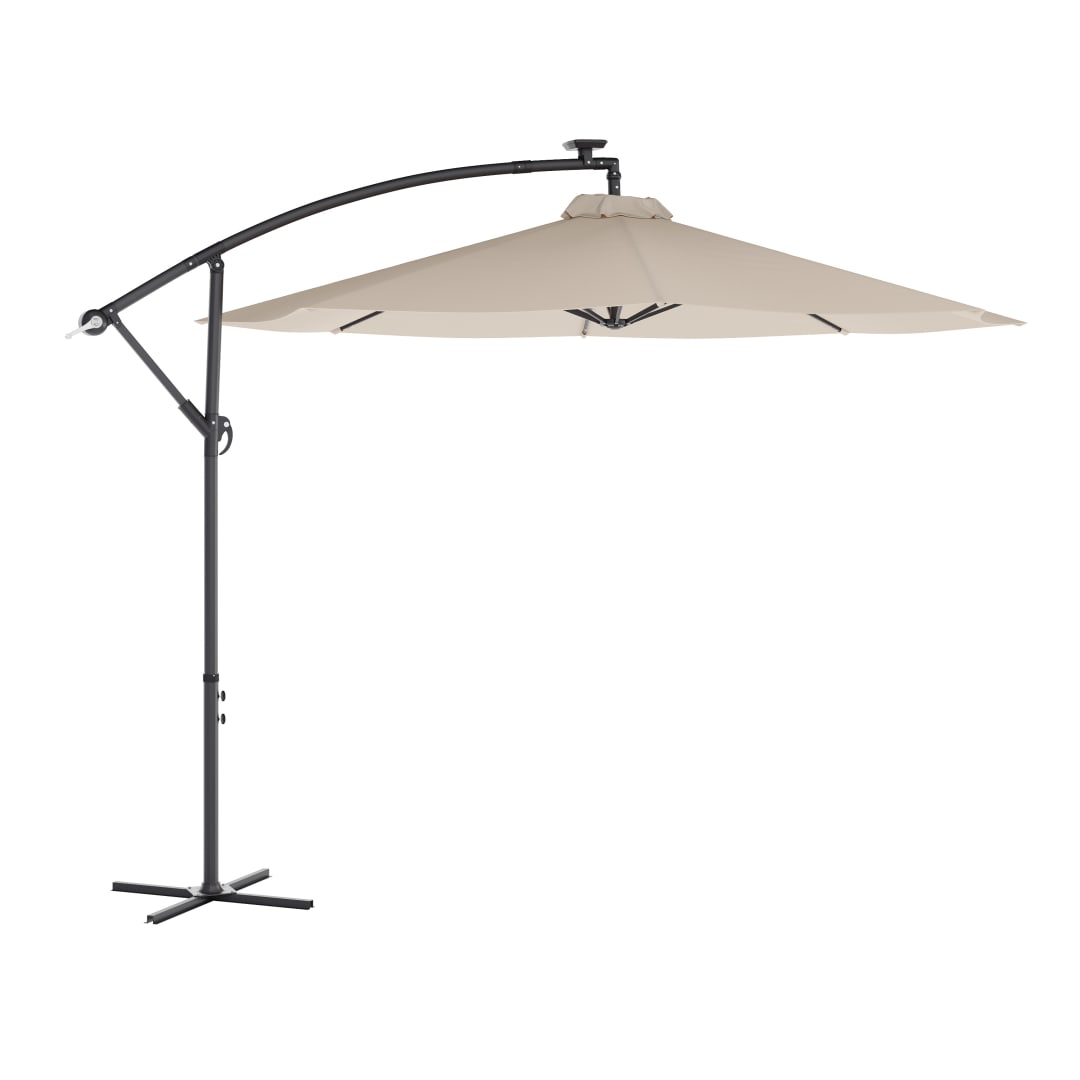 Sedona Commercial Grade 10 FT Round Cantilever Umbrella with 32 Solar LED Lights, Built in Cross Base, and Easy Lift and Tilt Function in Tan