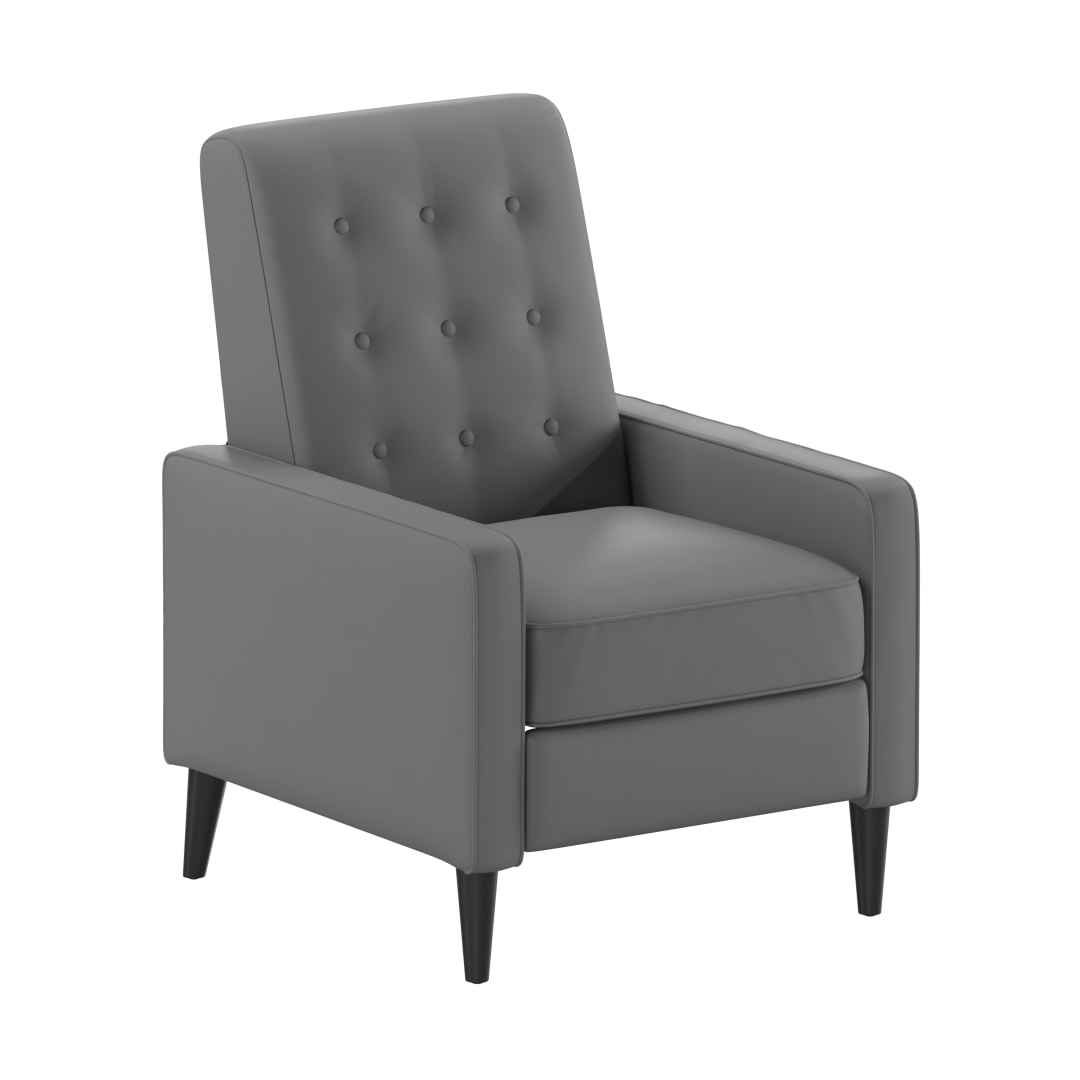 Ezra Mid-Century Modern LeatherSoft Upholstered Button Tufted Pushback Recliner in Light Gray for Residential &amp; Commercial Use