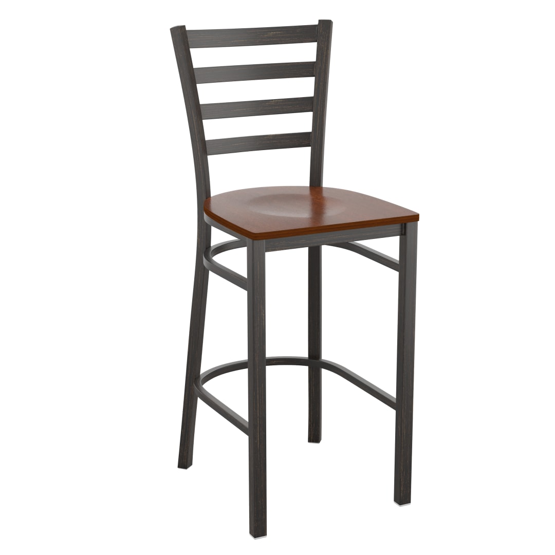 HERCULES Series Distressed Gold Ladder Back Metal Restaurant Barstool - Cherry Wood Seat