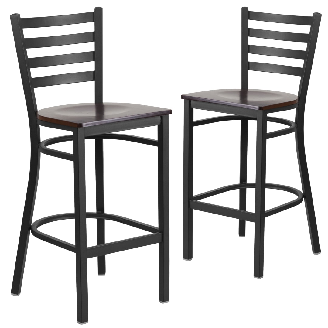 2 Pack HERCULES Series Black Ladder Back Metal Restaurant Barstool - Walnut Wood Seat