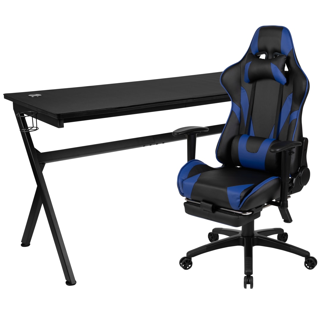 Optis Gaming Desk and Blue Footrest Reclining Gaming Chair Set - Cup Holder/Headphone Hook/Removable Mouse Pad Top/Wire Management