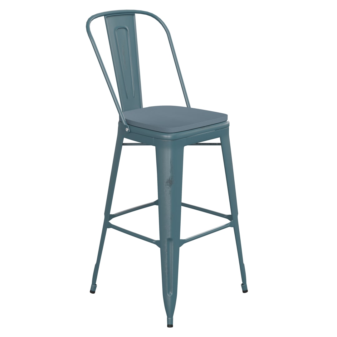 Carly Commercial Grade 30" High Kelly Blue-Teal Metal Indoor-Outdoor Barstool with Back with Teal-Blue Poly Resin Wood Seat