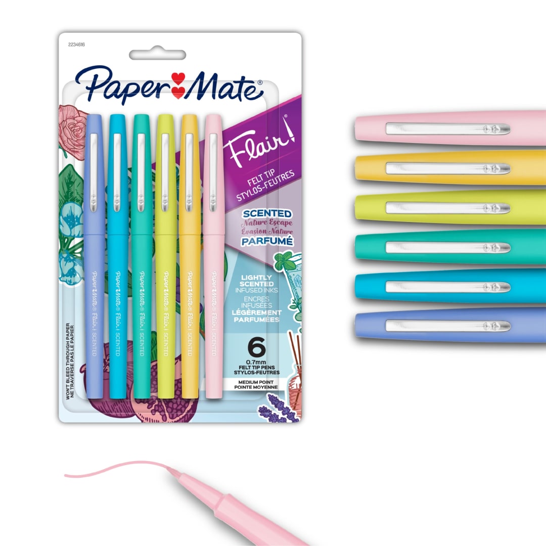 Paper Mate Flair Scented Felt Tip Pens, Assorted Nature Escape Scents and Colors, Medium Point (0.7mm), 6 Count