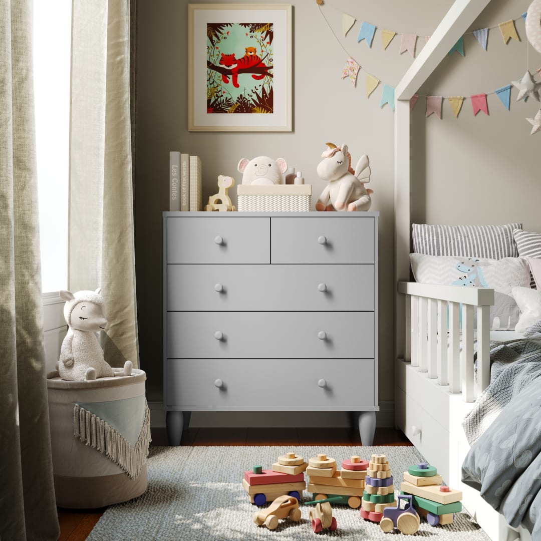 Archie Large Kids Dresser with Gray Engineered Wood Frame, 5 Drawers with Gray Pull Knobs, and Solid Wood Tapered Legs