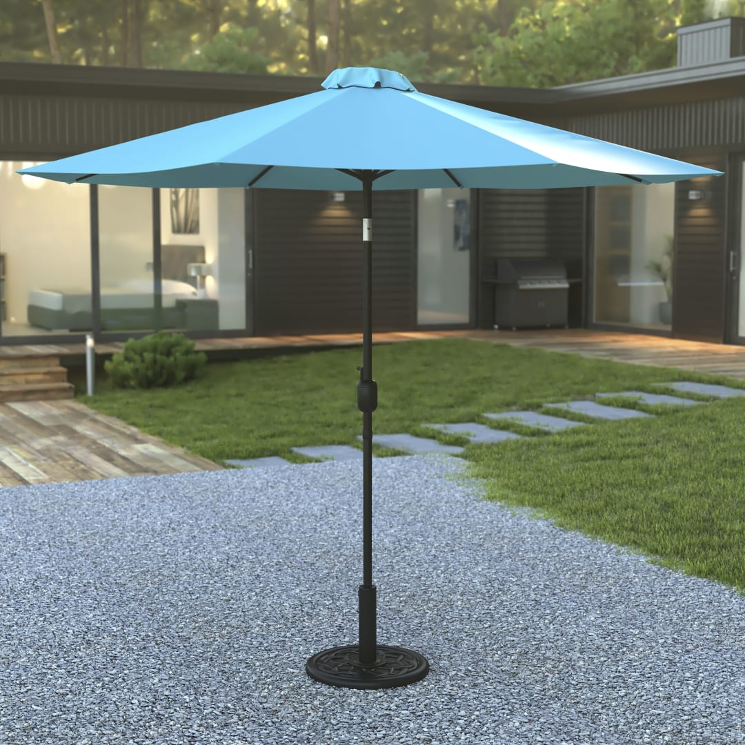 Sunny Teal 9 FT Round Umbrella with Crank and Tilt Function and Standing Umbrella Base