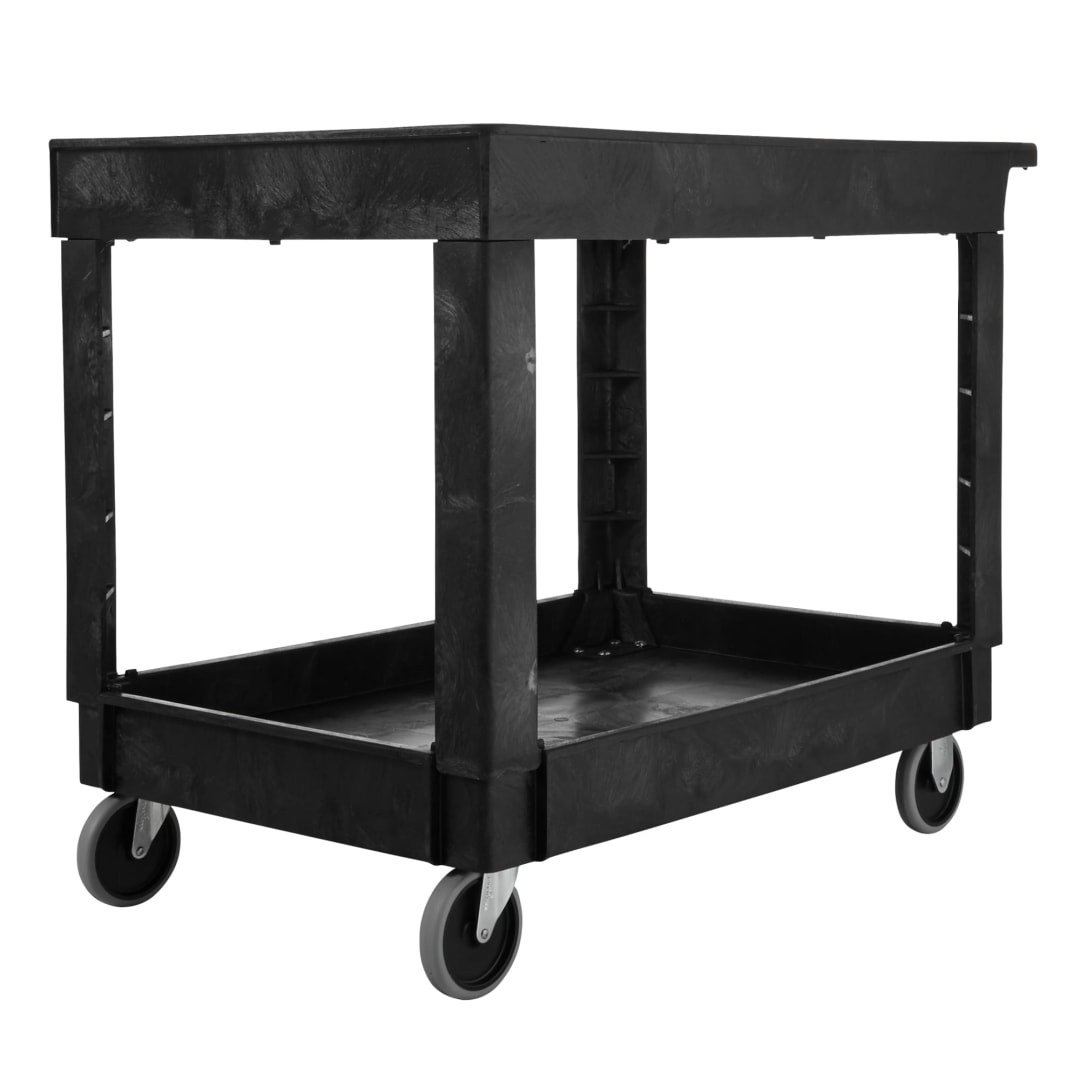 Flat Handle Heavy Duty 2 Shelf Utility Cart With Lipped Shelf Black