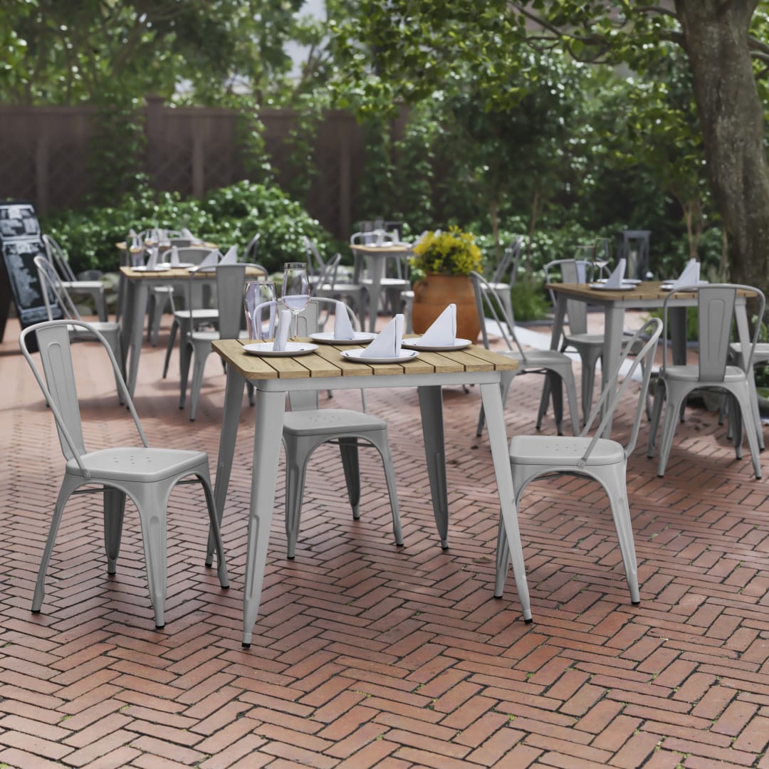 Declan Commercial Grade Indoor/Outdoor Dining Table, 31.5" Square All Weather Brown Poly Resin Top with Silver Steel Base