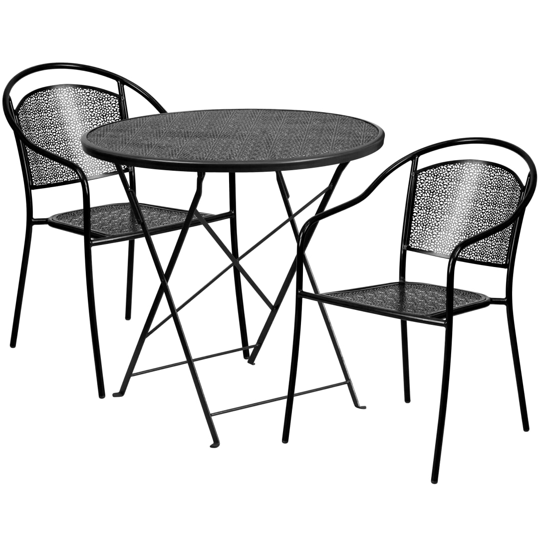 Oia Commercial Grade 30" Round Black Indoor-Outdoor Steel Folding Patio Table Set with 2 Round Back Chairs