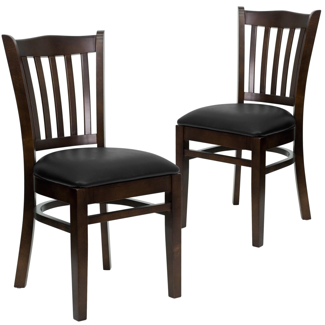 2 Pack HERCULES Series Vertical Slat Back Walnut Wood Restaurant Chair - Black Vinyl Seat