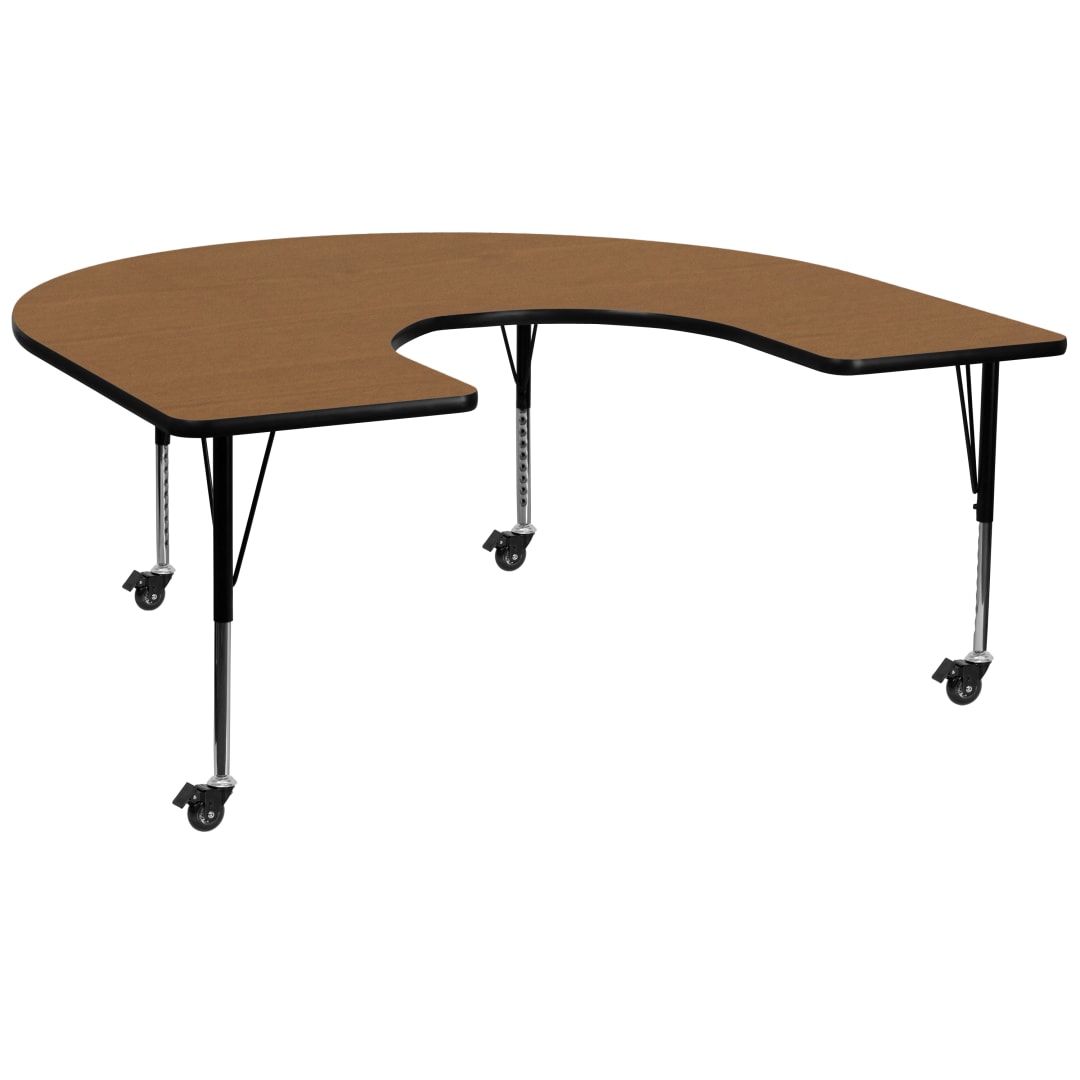 Wren Mobile 60''W x 66''L Horseshoe Oak Thermal Laminate Activity Table - Height Adjustable Short Legs