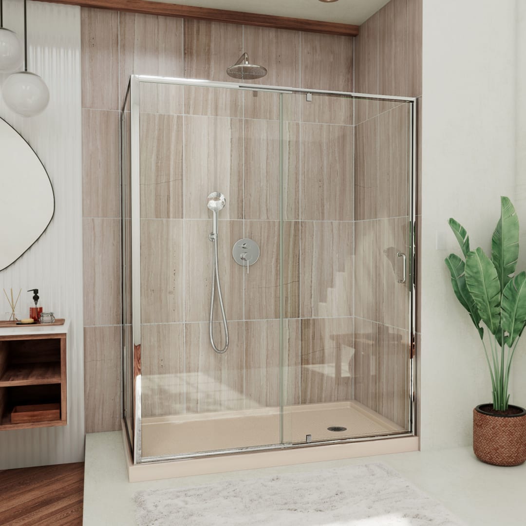 DreamLine Flex 36 inch D x 48 inch W x 74 3/4 inch H Semi-Frameless Pivot Shower Enclosure in Chrome and Right Drain Biscuit Shower Base Kit