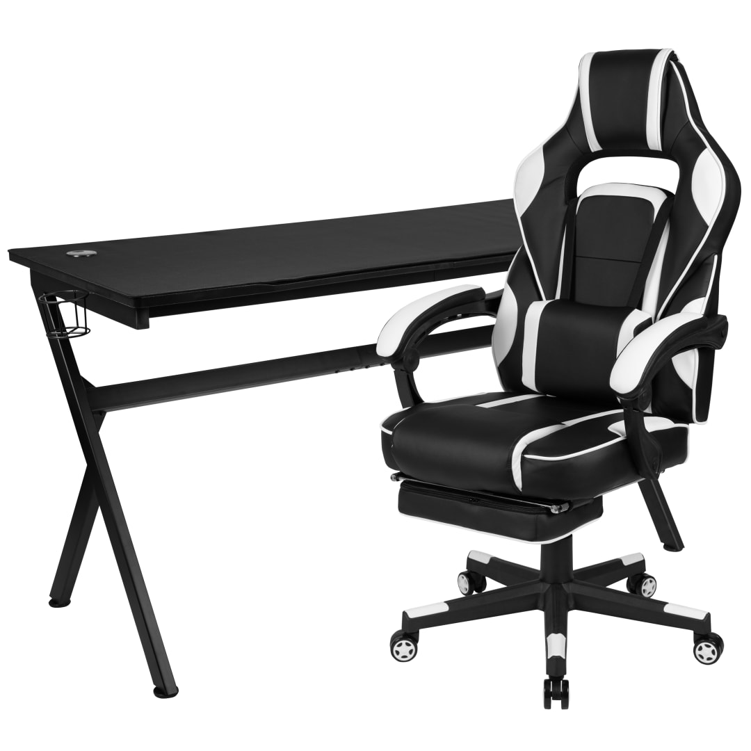 Optis Gaming Desk with Cup Holder/Headphone Hook/Removable Mousepad Top &amp; White Reclining Back/Arms Gaming Chair with Footrest