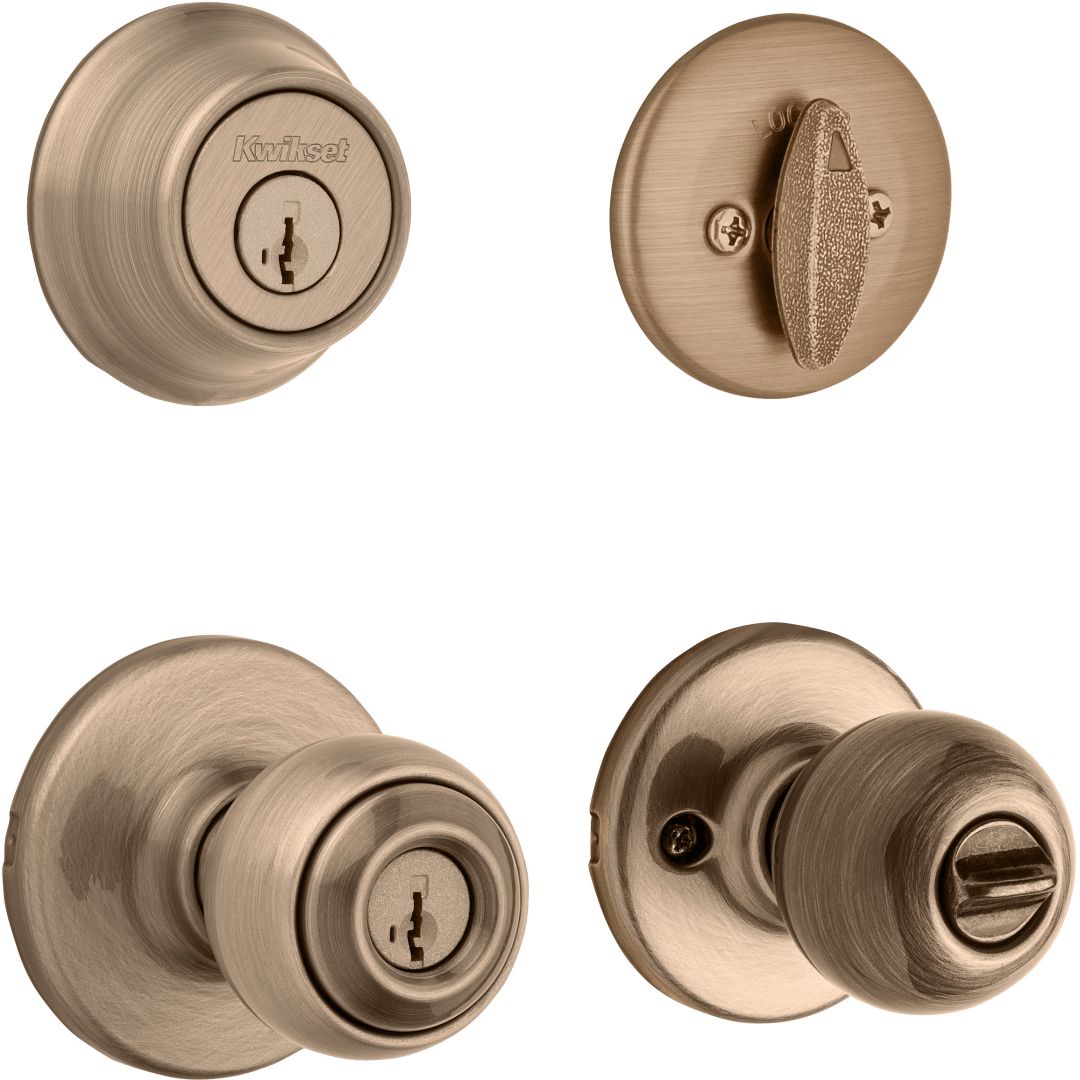 690 Polo Keyed Entry Knob and Single Cylinder Deadbolt Combo Pack featuring SmartKey Security™ in Antique Brass