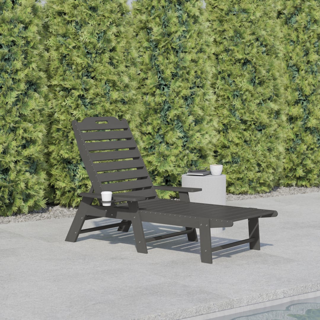 Monterey Adjustable Adirondack Lounger with Cup Holder- All-Weather Indoor/Outdoor HDPE Lounge Chair in Gray