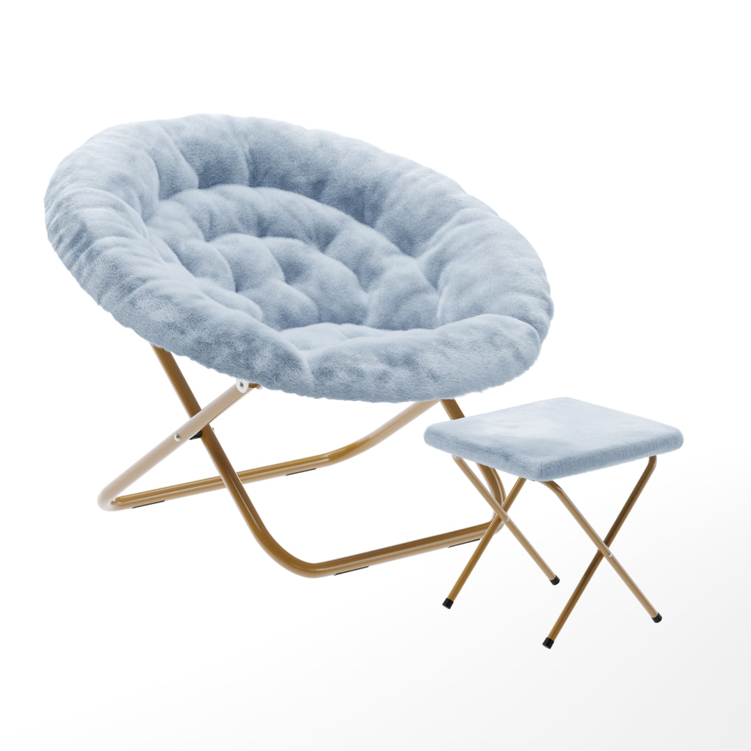 Gwen 38" Oversize Portable Faux Fur Folding Saucer Moon Chair with Folding Ottoman for Dorm and Bedroom, Dusty Aqua Faux Fur/Soft Gold Frame