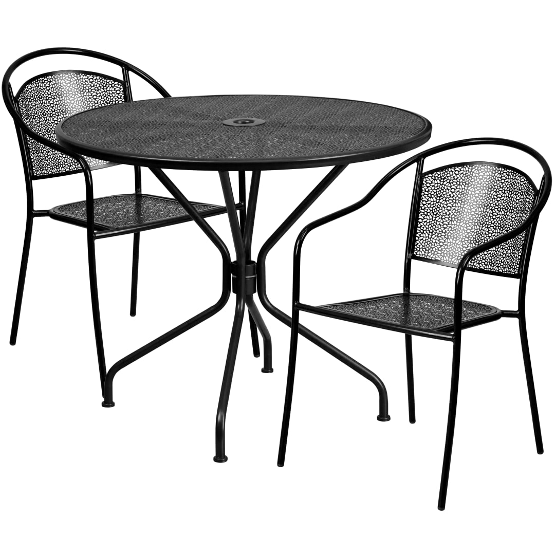 Oia Commercial Grade 35.25" Round Black Indoor-Outdoor Steel Patio Table Set with 2 Round Back Chairs