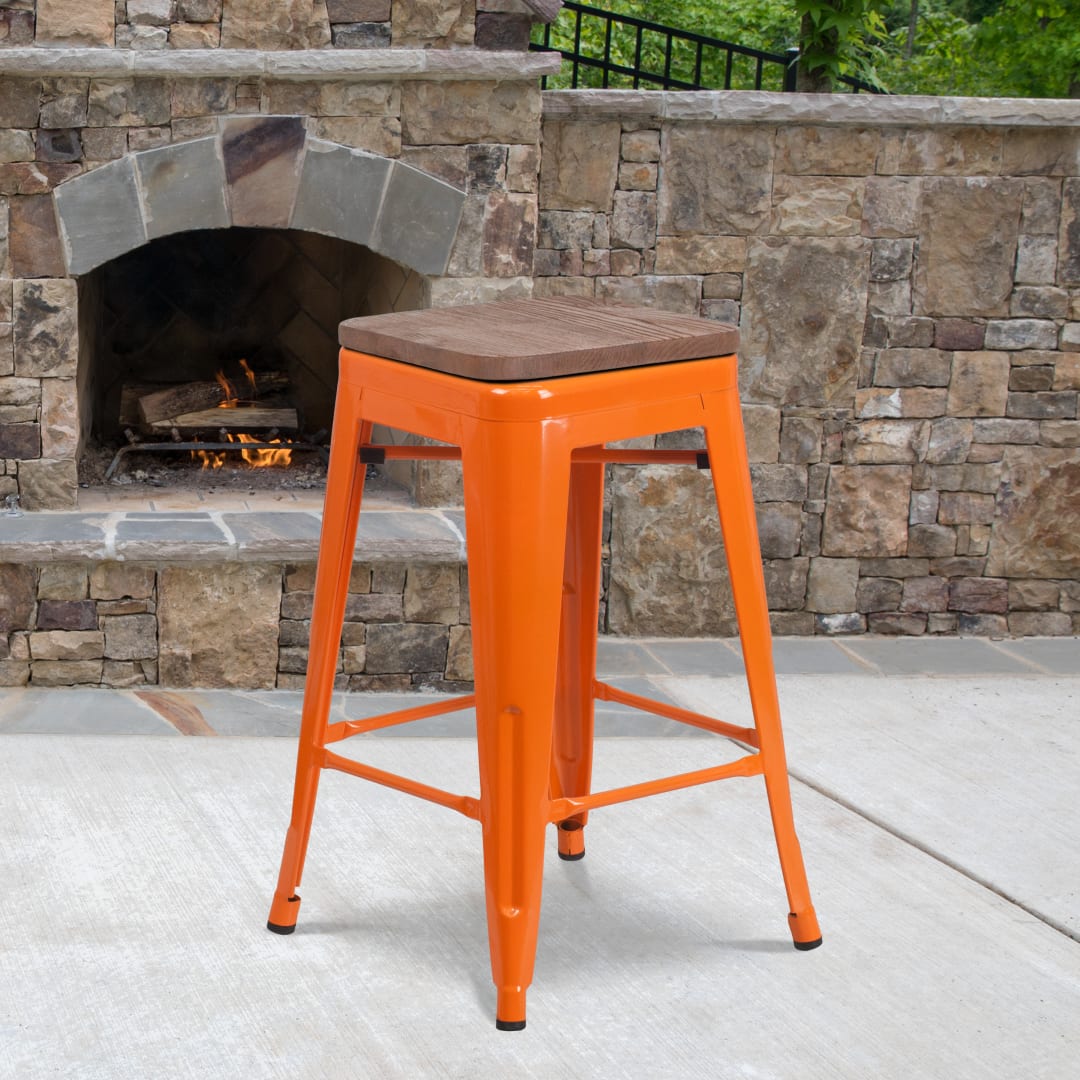 Lily 24" High Backless Orange Metal Counter Height Stool with Square Wood Seat
