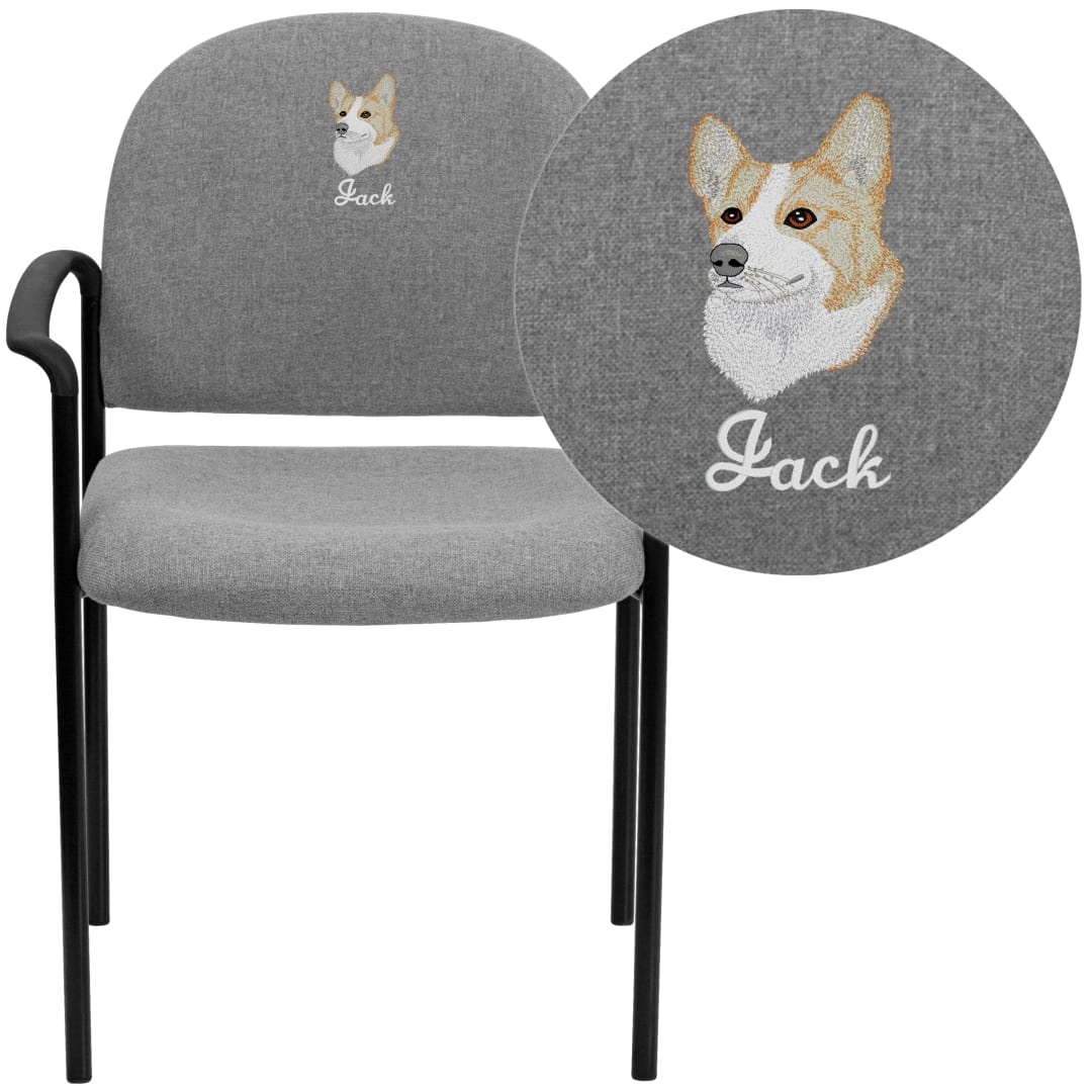 Tiffany Embroidered Comfort Gray Fabric Stackable Steel Side Reception Chair with Arms