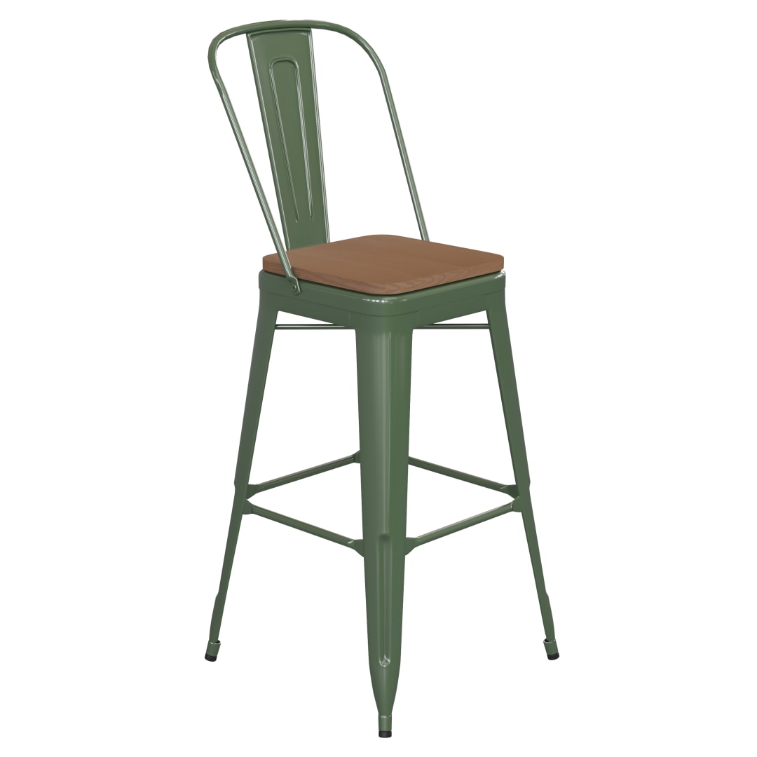 Kai Commercial Grade 30" High Green Metal Indoor-Outdoor Bar Height Stool with Removable Back and Teak All-Weather Poly Resin Seat