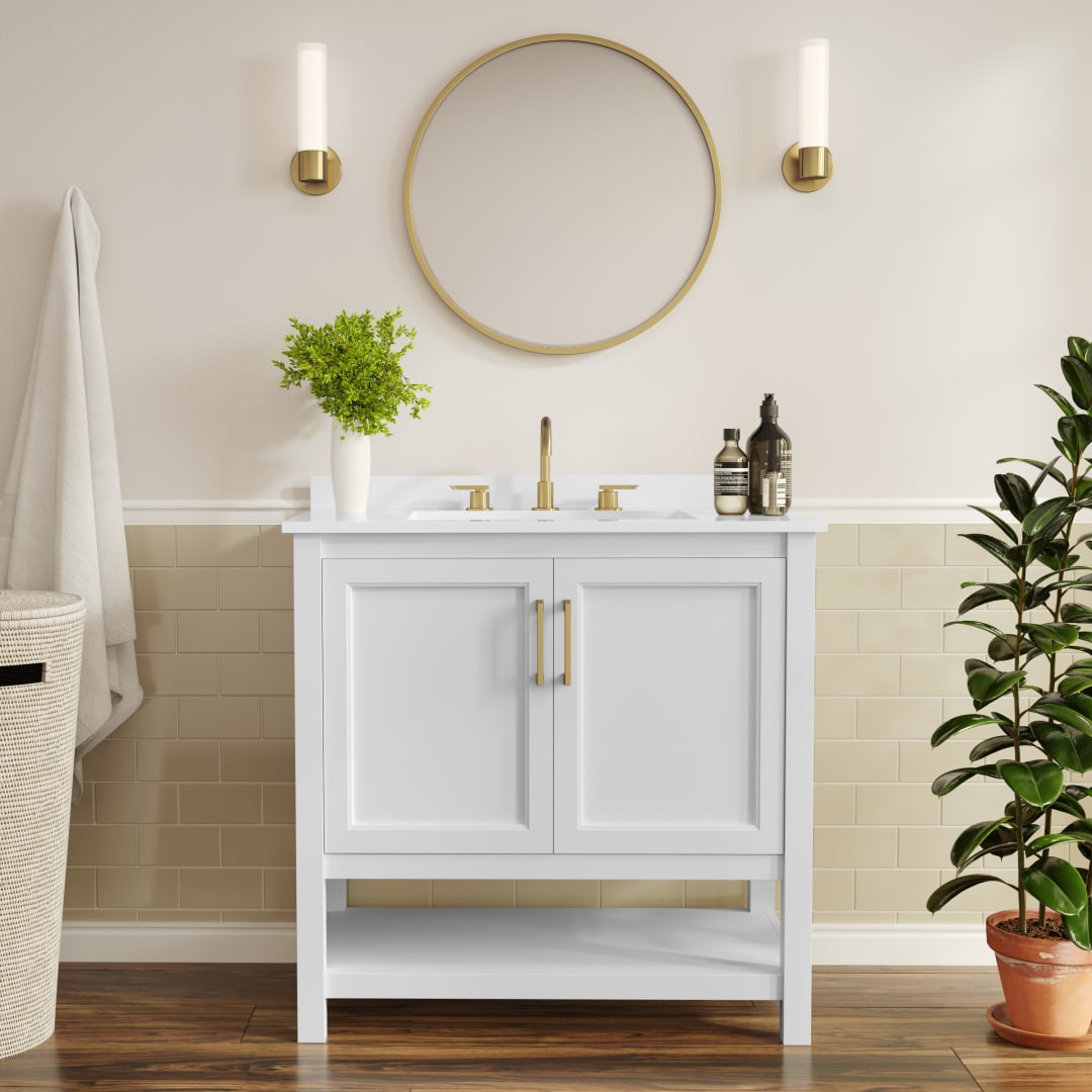 Vega 36" Bathroom Vanity with Sink, Storage Cabinet with Gold Hardware, Soft Close Doors &amp; Open Shelf, Carrara Marble Finish Countertop, White/White