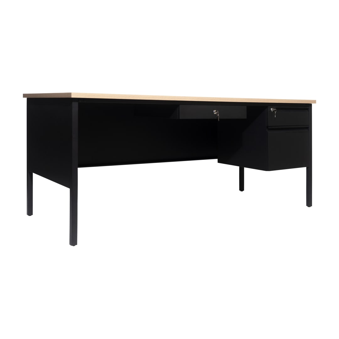 Cambridge Commercial Grade 30x70 Right Side Single Pedestal Desk with 3 Locking Drawers, White Oak Top and Black Frame