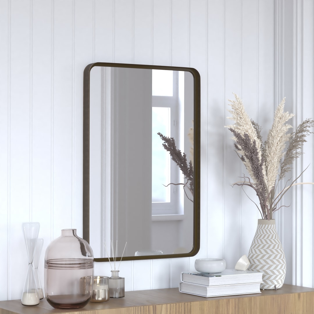 Janinne 20" x 30" Decorative Wall Mirror - Rounded Corners, Bathroom &amp; Living Room Glass Mirror Hangs Horizontal Or Vertical, Brushed Bronze