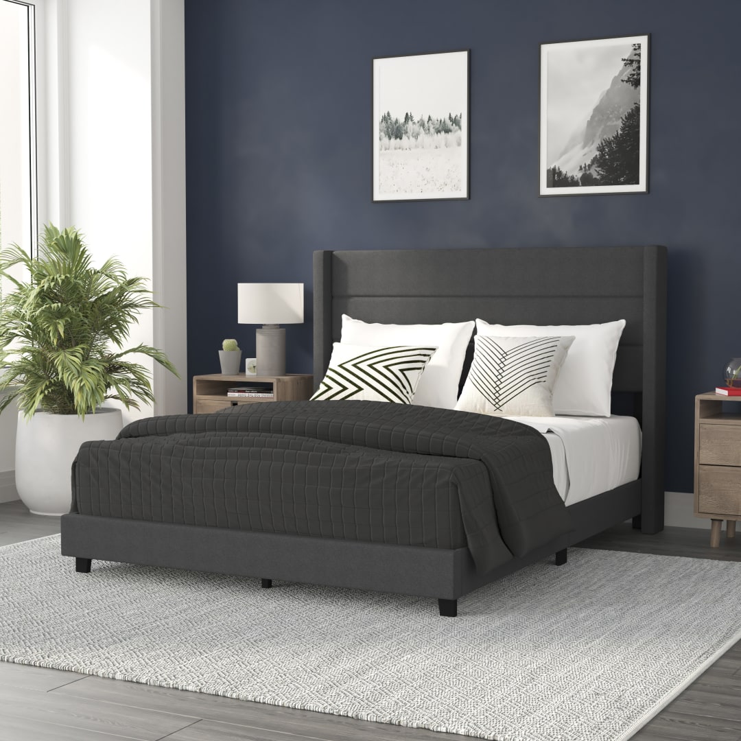Hollis Queen Upholstered Platform Bed with Wingback Headboard, Mattress Foundation with Slatted Supports, No Box Spring Needed, Charcoal Faux Linen