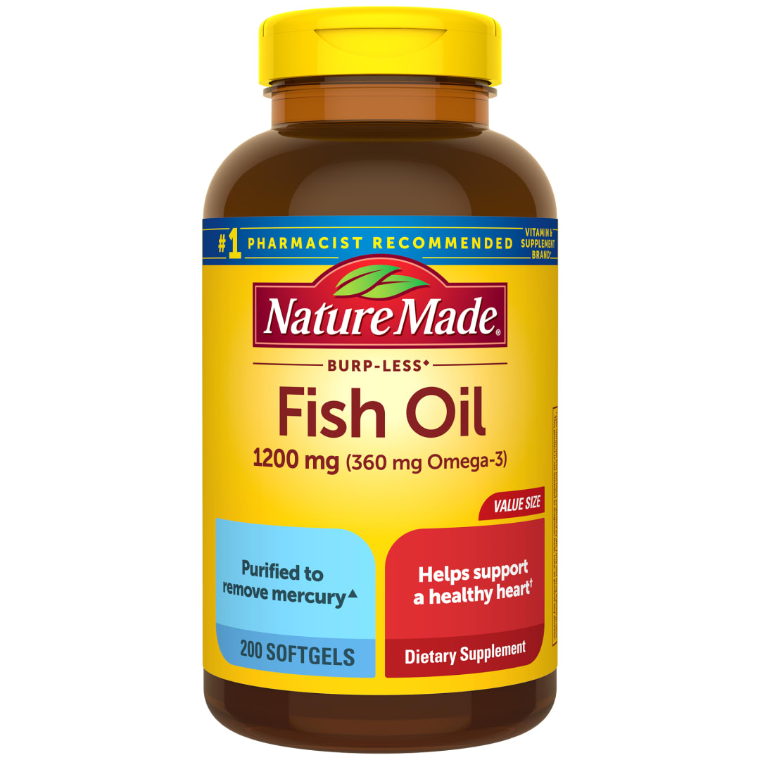 Nature Made Burp Less Fish Oil Omega 3 Supplements, 1200 mg Softgels, Omega 3 Fish Oil for Healthy Heart Support, 200 Softgels, 100 Day Supply
