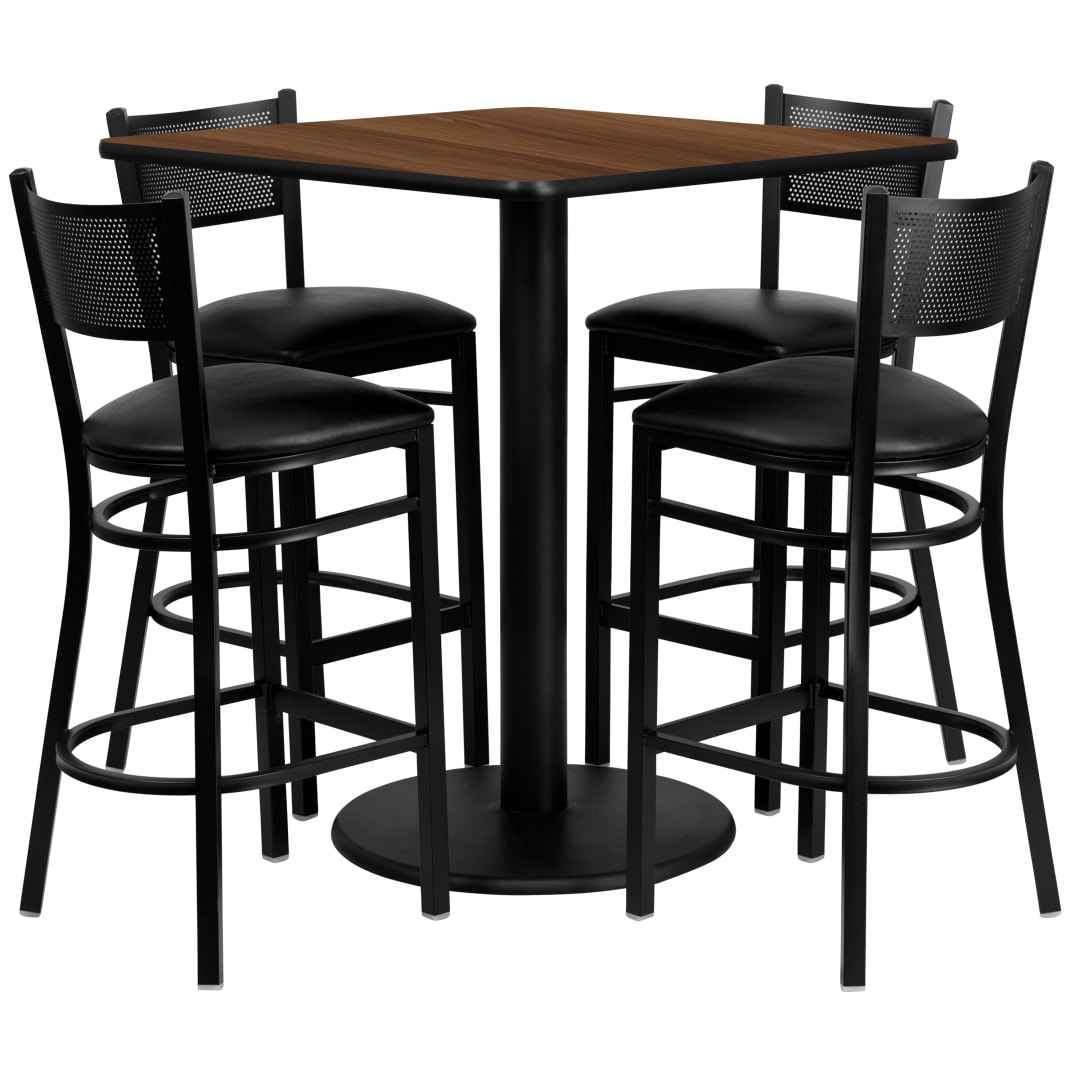 Clark 36'' Square Walnut Laminate Table Set with 4 Grid Back Metal Barstools - Black Vinyl Seat