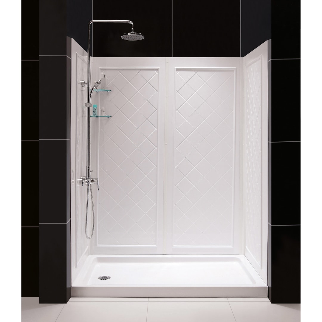 DreamLine 32 inch D x 60 inch W x 76 3/4 inch H Left Drain Shower Base and QWALL-5 Wall Kit In White