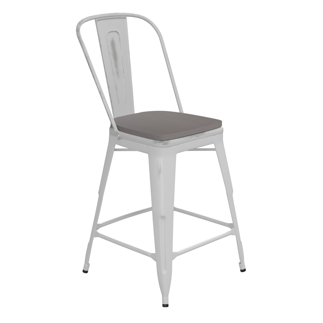 Carly Commercial Grade 24" High White Metal Indoor-Outdoor Counter Height Stool with Back with Gray Poly Resin Wood Seat