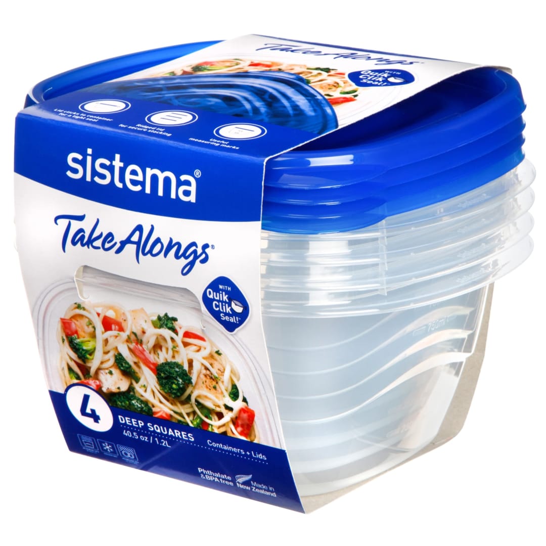 Sistema Takealongs Food Storage Containers | 1.2 Litre Reusable Deep Square Plastic Bowls | Clear with Blue Lid | BPA Free | 4 Count