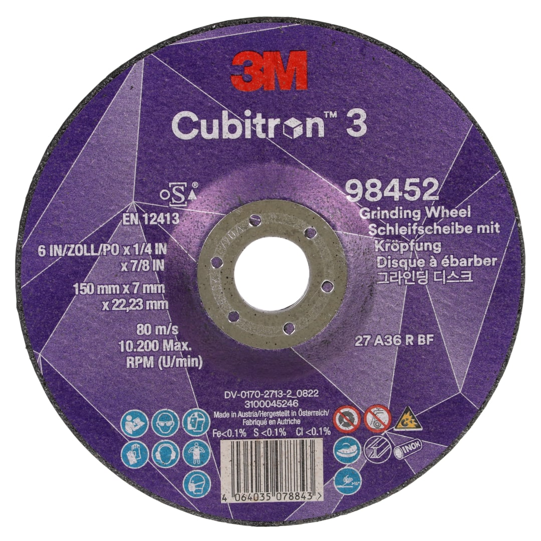 3M™ Cubitron™ 3 Depressed Center Grinding Wheel, 98452, 36+, T27, 150 mm x 7 mm x 22.23 mm (6 in x 1/4 in x 7/8in), EN, 10/Pack, 20 ea/Case