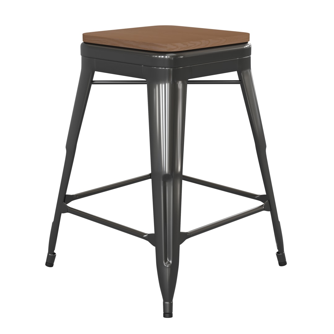Kai Commercial Grade 24" High Backless Black Metal Indoor-Outdoor Counter Height Stool with Teak Poly Resin Wood Seat