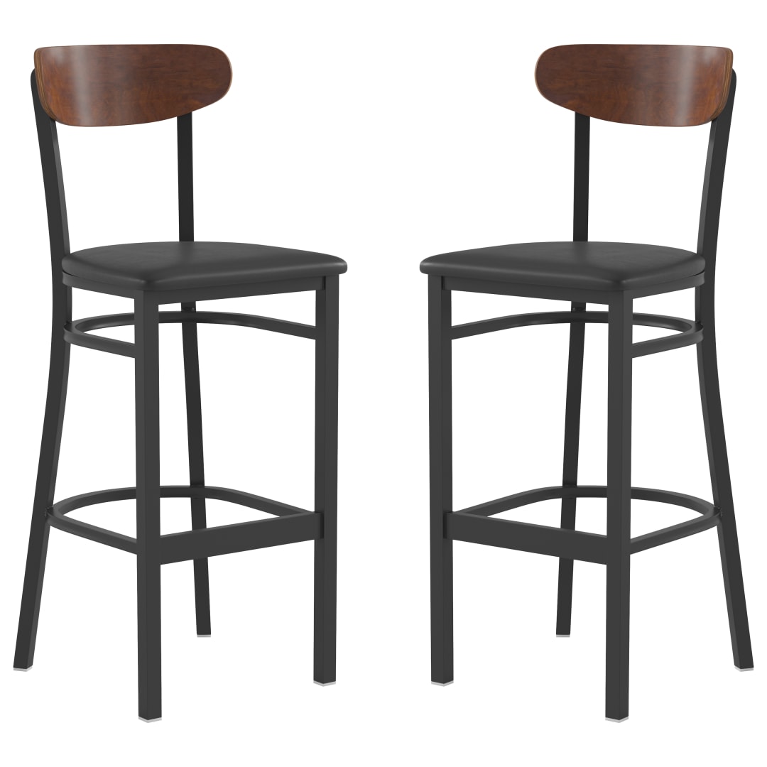 Wright Set of 2 Commercial Barstools with 500 LB. Capacity Black Steel Frame, Walnut Finish Wooden Boomerang Back, and Black Vinyl Seat
