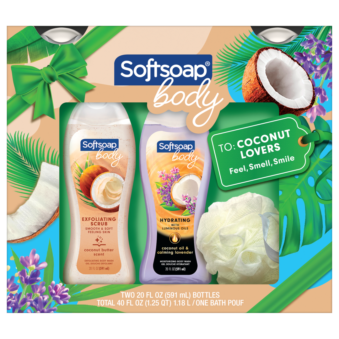 Softsoap Body Wash Coconut Lovers Gift Set, 2- 20 oz Bottles + Pouf