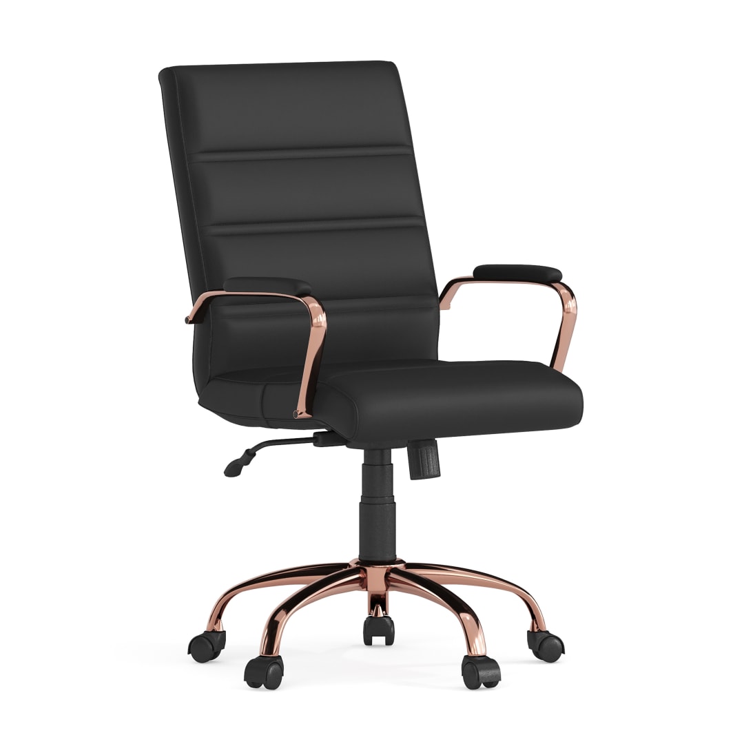 Whitney Mid-Back Black LeatherSoft Executive Swivel Office Chair with Rose Gold Frame and Arms
