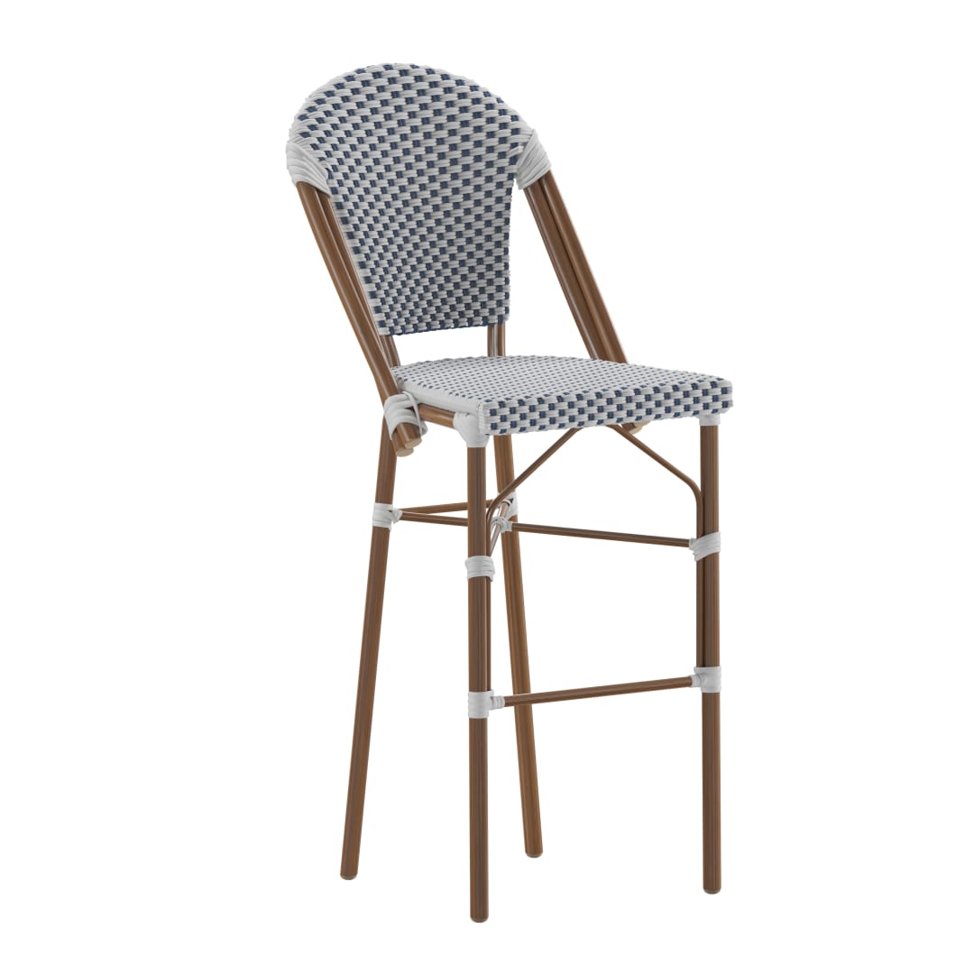 Lourdes Stackable Indoor/Outdoor Bistro 30" High Barstool, Commercial Grade, White/Navy and Bamboo Finish