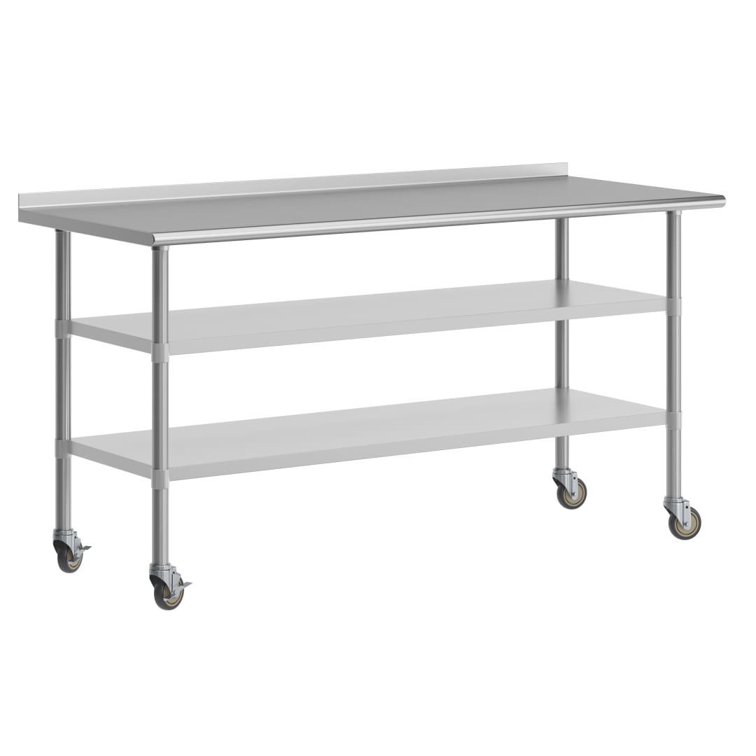 Reader NSF Certified Stainless Steel Prep and Work Table 30"x 72" with 1.5" Backsplash, 2 Galvanized Steel Undershelves and 4 Casters, 2 Locking