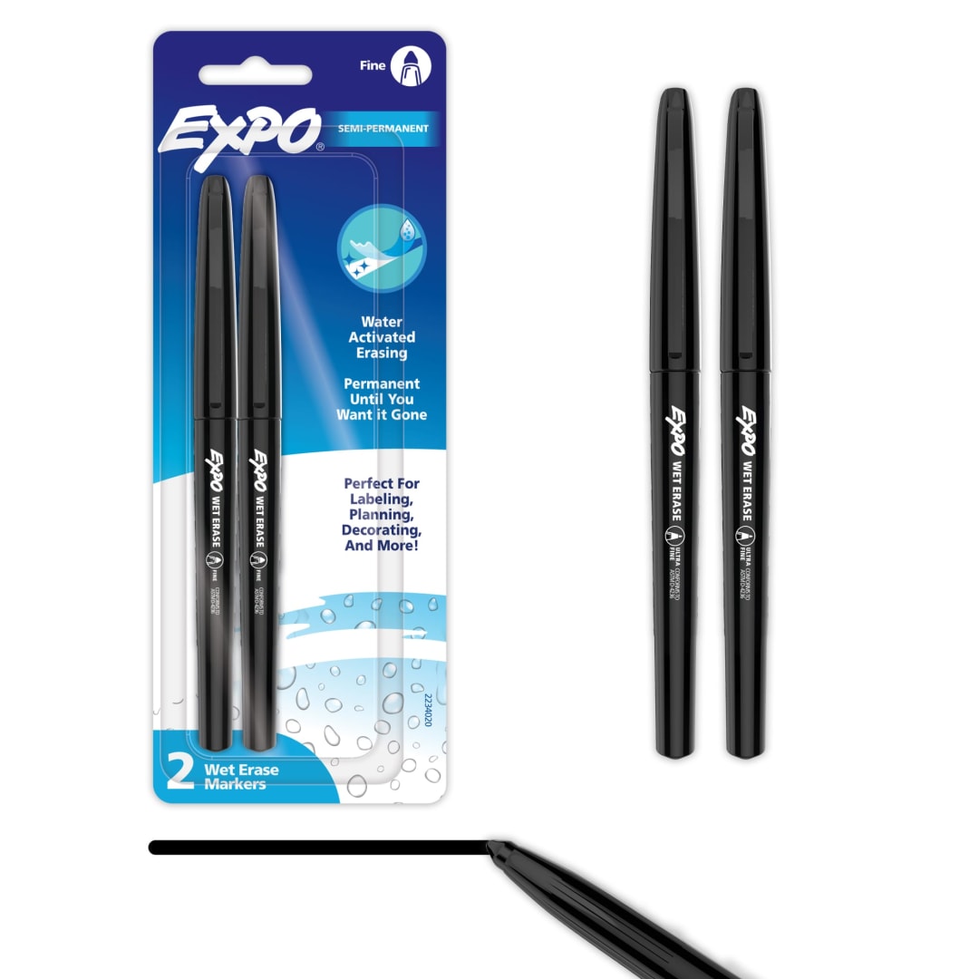 EXPO Wet Erase Markers, Semi-Permanent Markers, Black, Fine Tip, 2 Count