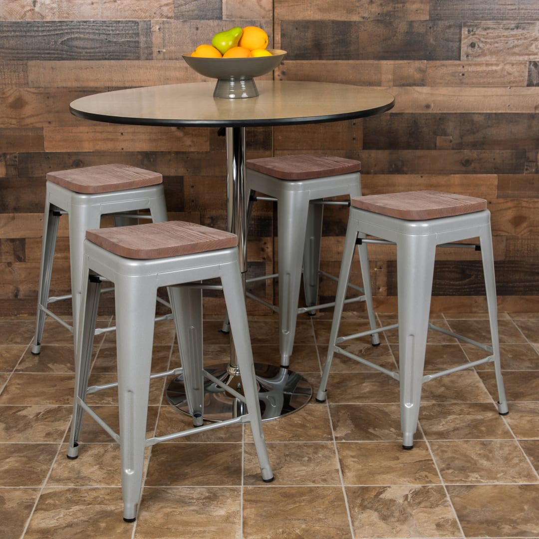 Cierra 24" High Metal Counter-Height, Indoor Bar Stool with Wood Seat in Silver - Stackable Set of 4
