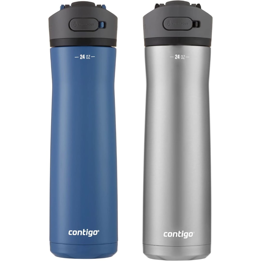 Contigo® Ashland Chill 2.0 Water Bottle with AUTOSPOUT® Lid | Stainless Steel Water Bottle, 24oz., 2 Pack, Blue Corn and Stainless Steel with Licorice Lid