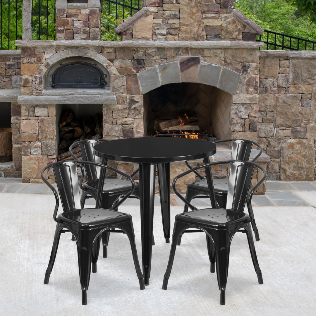 Cory Commercial Grade 30" Round Black Metal Indoor-Outdoor Table Set with 4 Arm Chairs