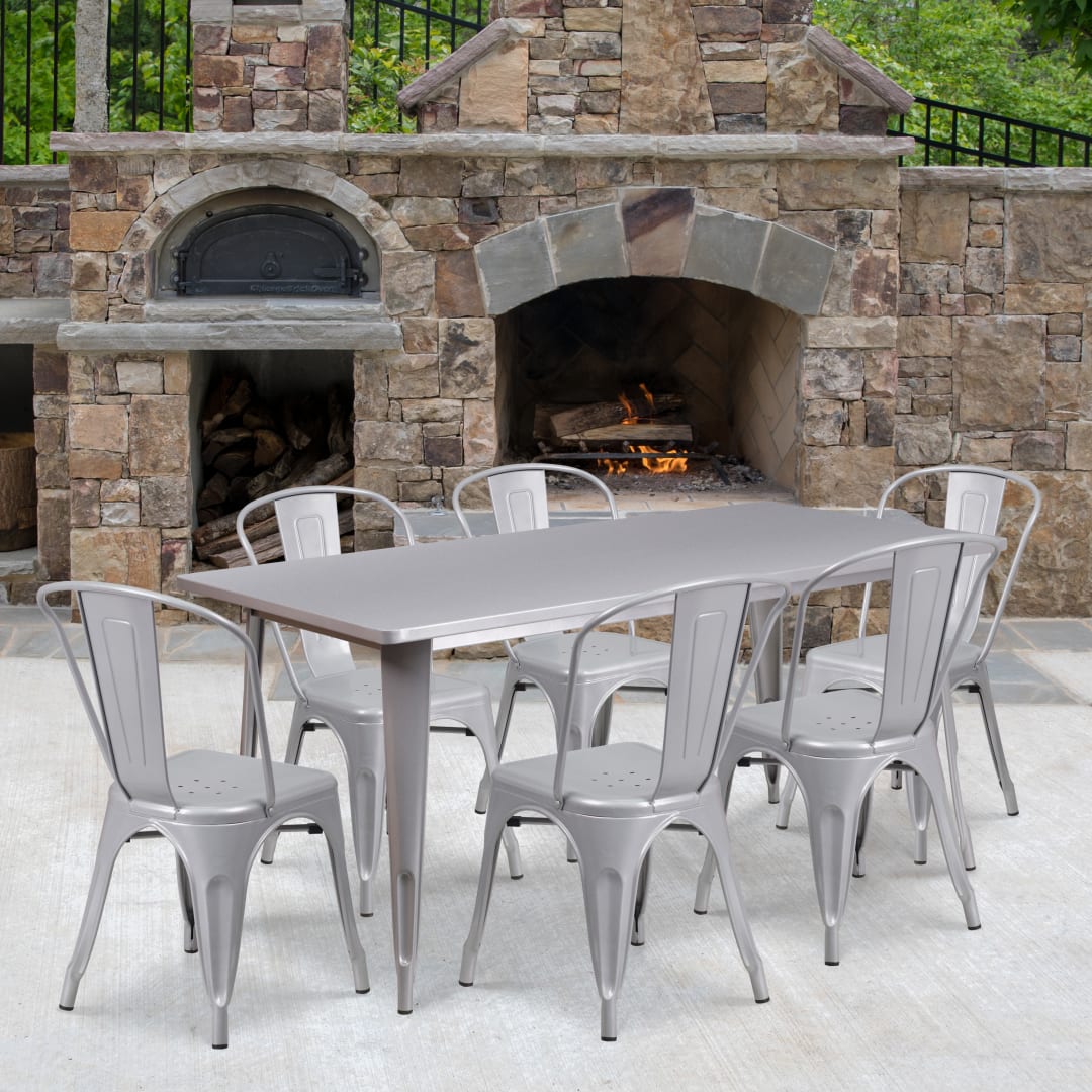 Gilbert Commercial Grade 31.5" x 63" Rectangular Silver Metal Indoor-Outdoor Table Set with 6 Stack Chairs