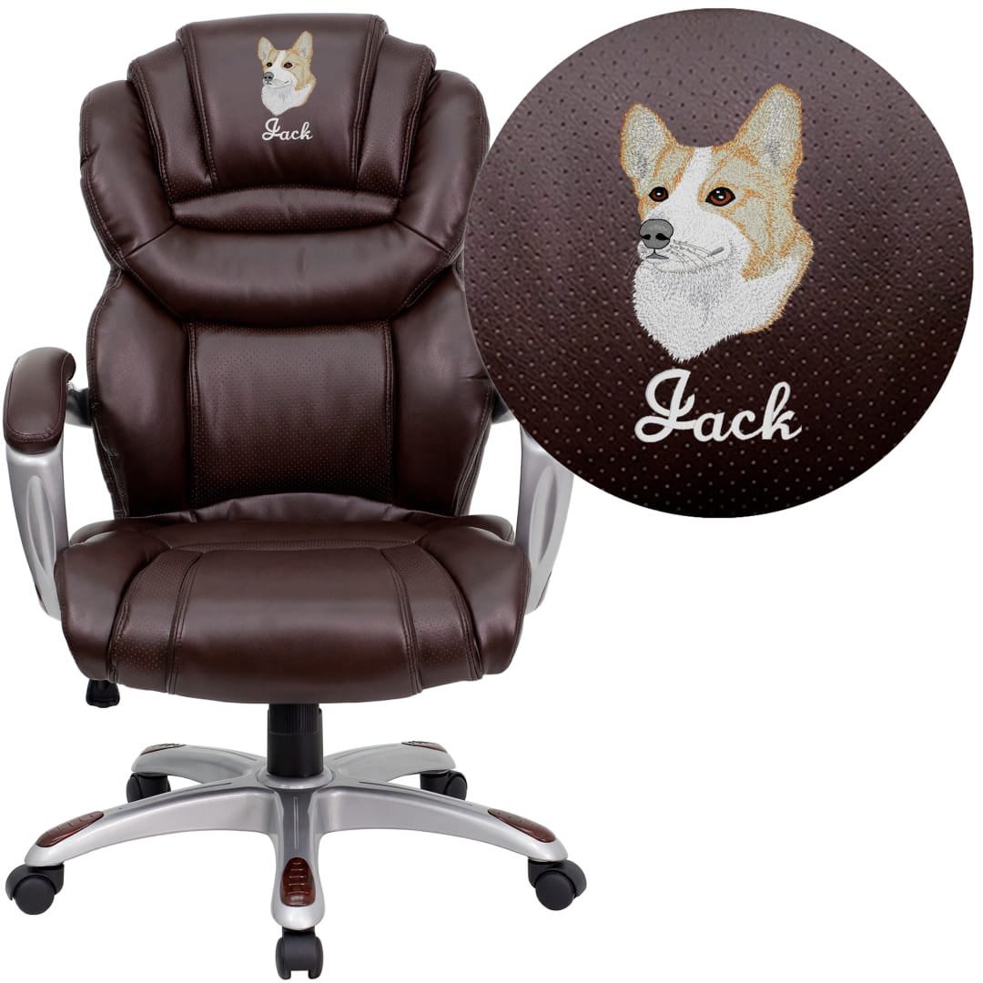 Stella Embroidered High Back Brown LeatherSoft Executive Swivel Ergonomic Office Chair with Arms