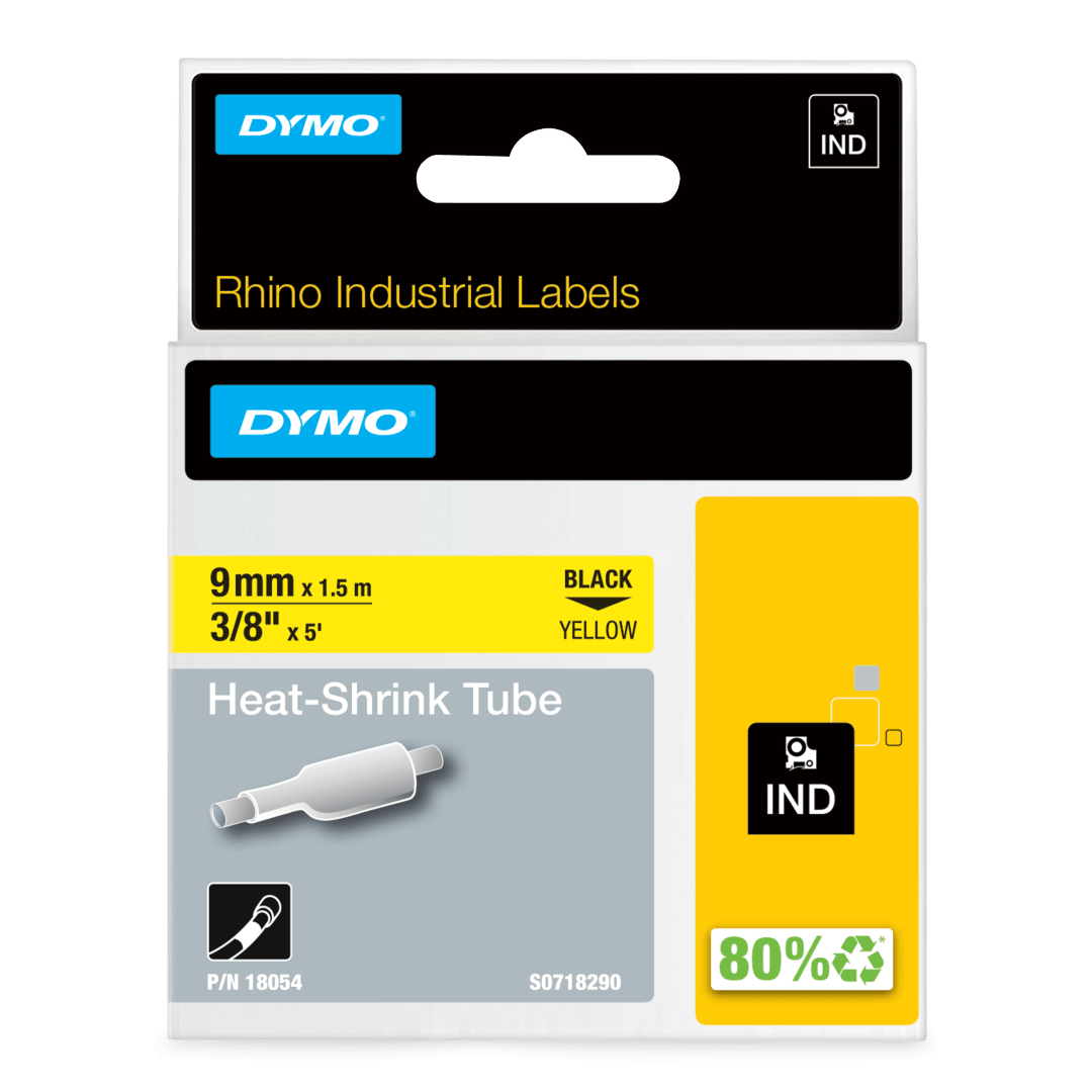 DYMO Rhino Industrial Heat-Shrink Labels, 9 mm x 1.5 m, Black on Yellow, for DYMO Rhino Label Makers