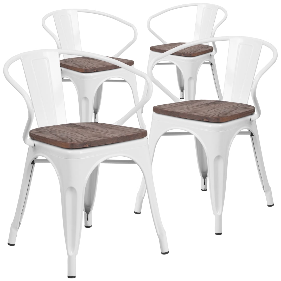 Roy 4 Pk. White Metal Chair with Wood Seat and Arms