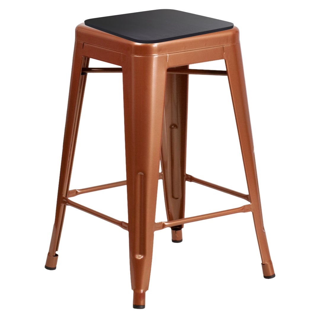 Kai Commercial Grade 24" High Backless Copper Metal Indoor-Outdoor Bar Height Stool with Black All-Weather Polystyrene Seat