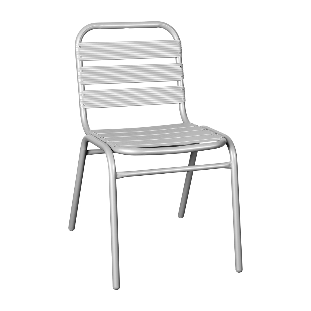 Lila Commercial Silver Metal Indoor-Outdoor Restaurant Stack Chair with Metal Triple Slat Back