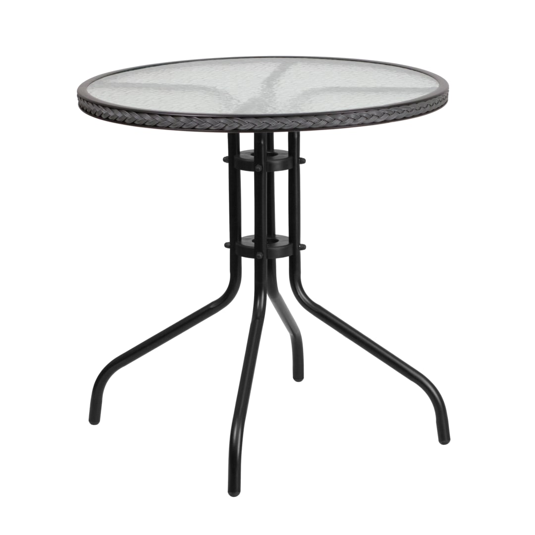 Barker 28'' Round Tempered Glass Metal Table with Gray Rattan Edging